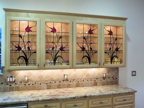 Stained Glass In Kitchen Cabinets, Stained Glass Kitchen, Stained Glass Cabinet, Leaded Glass Cabinets, Stained Glass Cabinets, Cabinet Inserts, Glass Kitchen Cabinet, Glass Kitchen Cabinet Doors, Glass Shelves In Bathroom