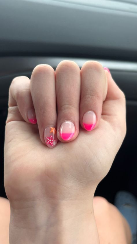 Neon pink French tip nails with starfish Nails With Starfish, Neon Pink French Tip Nails, Pink French Tip Nails, Pink French Tip, Summery Nails, Casual Nails, Pink French, Tip Nails, Beach Nails