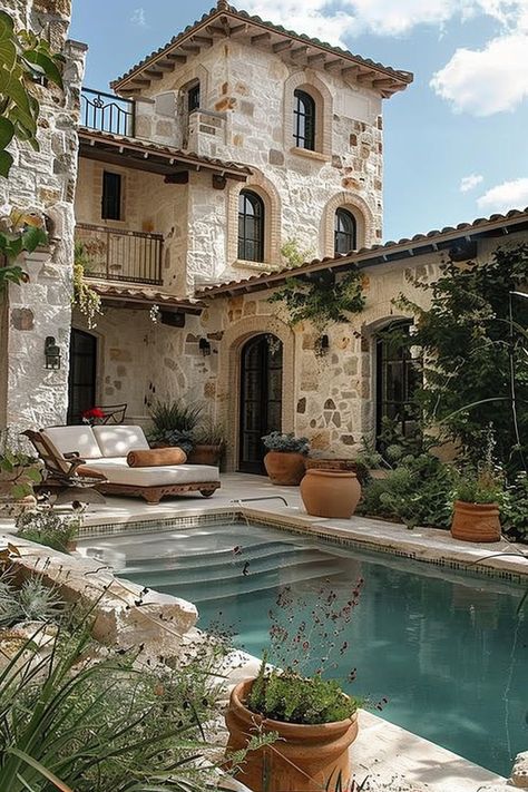 Toscana House Style, Residential Architecture House, Medditeranean Style Home, Elegant Houses, Spanish Style Home Interior, Open Courtyard, Concrete Homes, Mediterranean Tiles, Mediterranean Homes Exterior