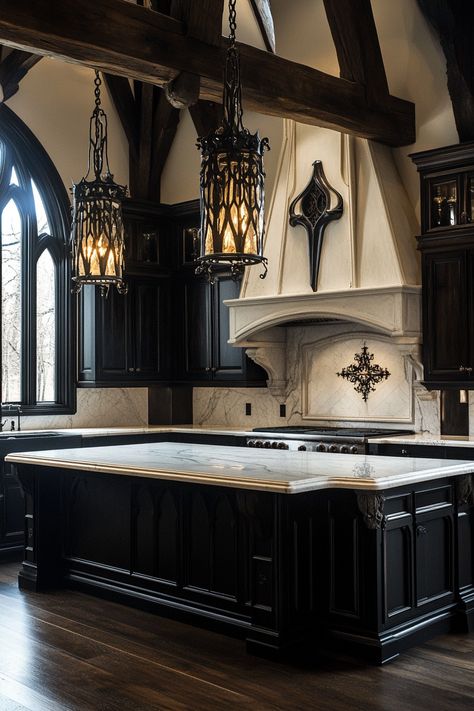 13 Goth Kitchen Designs To Inspire Your Dark Aesthetic – DreamyHomeStyle White Gothic Kitchen, Castle Kitchen Aesthetic, Gothic Revival Kitchen, Witchy Kitchen Aesthetic, Goth House Interior, Modern Gothic Interior, Goth Interior Design, Dark Academia Kitchen, Goth Interior