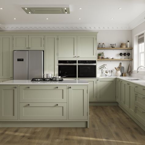 Shake up a traditional shaker kitchen design with the in-frame design of our Chilcomb Sage Green In-Frame Kitchen. For a bespoke shaker kitchen add chrome handles, wood kitchen flooring and white quartz worktop. With its solid timber doors and wood grain painted finish it is perfect for your green kitchen ideas and shaker kitchen ideas. Howdens Chilcomb, Green Shaker Kitchen, Kitchen Door Styles, Light Green Kitchen, Kitchen Shaker, Sage Kitchen, Shaker Kitchens, White Worktop, Fitted Kitchens