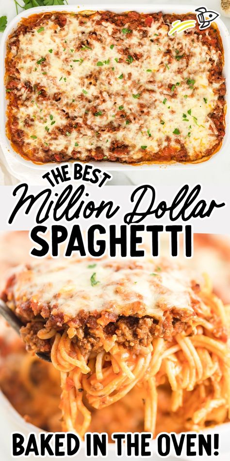 Million Dollar Spaghetti Million Dollar Baked Spaghetti, Spaghetti Recipes Easy, Million Dollar Spaghetti, Baked Spaghetti Recipe, Fancy Appetizers, Spaghetti Dinner, Spaghetti Casserole, Spaghetti Recipe, Baked Casserole