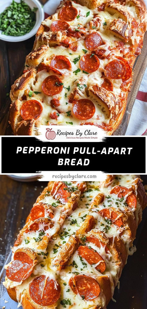 Looking for a crowd-pleasing snack? Try this Savory Pepperoni & Mozzarella Pull-Apart Bread! With layers of gooey cheese and spicy pepperoni, all brushed with a herby garlic butter, it’s the perfect indulgence.  Ingredients:  1 loaf Italian bread (1 lb) 1 cup shredded mozzarella cheese 1/4 cup melted butter 1/2 tsp dried basil This pull-apart bread is the perfect balance of cheesy, buttery, and spicy flavors! Pepperoni Loaf Bread, Cheese And Garlic Pull Apart Bread, Pepperoni Monkey Bread Pull Apart, Pepperoni Pull Apart Bread, Savory Bread Recipes, Apple Fries, Monkey Breads, Pepperoni Bread, Cheesy Pull Apart Bread