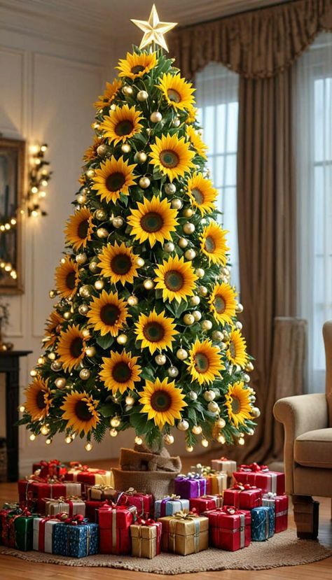 Sunflower Christmas Tree Ideas, Sunflower Christmas Tree, Beautiful Christmas Trees Decorated, Sunflower Tree, Christmas Tree Yellow, Sunflower Christmas, Christmas Tree Decorated, Christmas Tree Inspo, Christmas Tree Decorating Themes