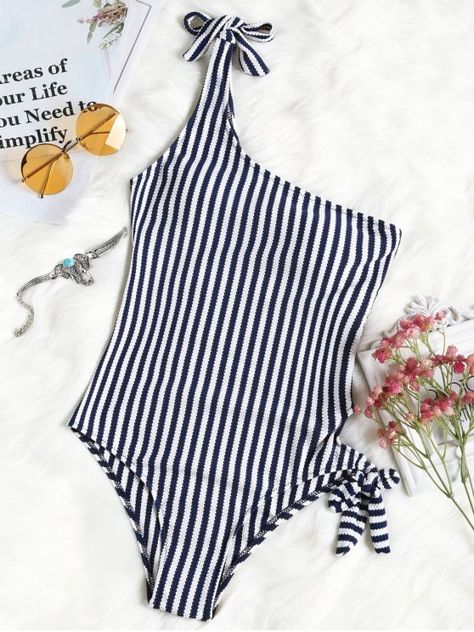 Shop for Tied Striped One Shoulder Swimwear STRIPE: One-Pieces XL at ZAFUL. Only $19.49 and free shipping! Zaful Swimwear, Modest Swimsuits, Modest Swimwear, Swimsuits Hot, Cute Bathing Suits, Striped Swimsuit, Swimwear Dress, Costume Intero, Sweatshirts Pattern