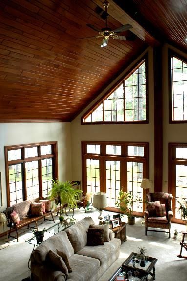 Windows For Cathedral Ceilings, Appalachian Decor, Wood Cathedral Ceiling, Log Home Living Room, Cathedral Ceiling Living Room, Vaulted Ceiling Ideas, Window Walls, Ceiling Window, Vaulted Ceiling Living Room