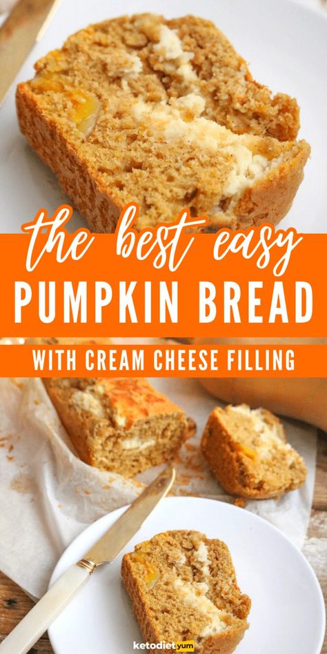 Keto Soft Food Recipes, Keto Pumpkin Cream Cheese Bread, Keto Pumpkin Bread Recipes, Bread With Cream Cheese Filling, Pumpkin Breads, Pumpkin Keto, Pumpkin Bread With Cream Cheese, Keto Pumpkin Bread, Keto Cups