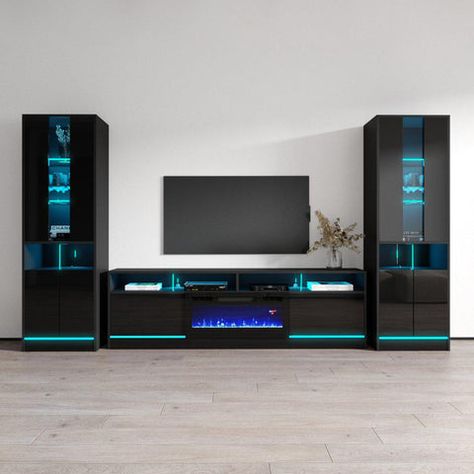 Electric Fireplace Entertainment Center, Modern Wall Unit, Flame Colors, Modern Wall Units, Led Wall Decor, Fireplace Entertainment Center, Fireplace Entertainment, Light System, Electric Fireplace Insert