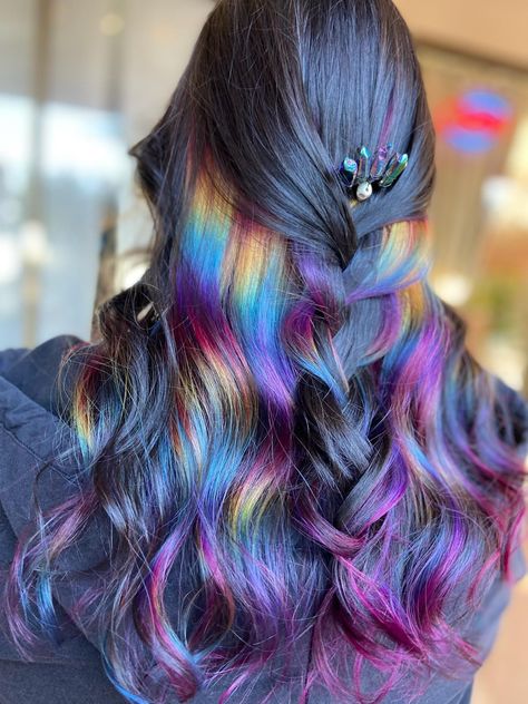 Oil Slick Hair Color, Bad Wigs, Oil Slick Hair, Fantasy Hair Color, Slick Hair, Light Brunette, Rave Hair, Peekaboo Hair, Dark Hair With Highlights