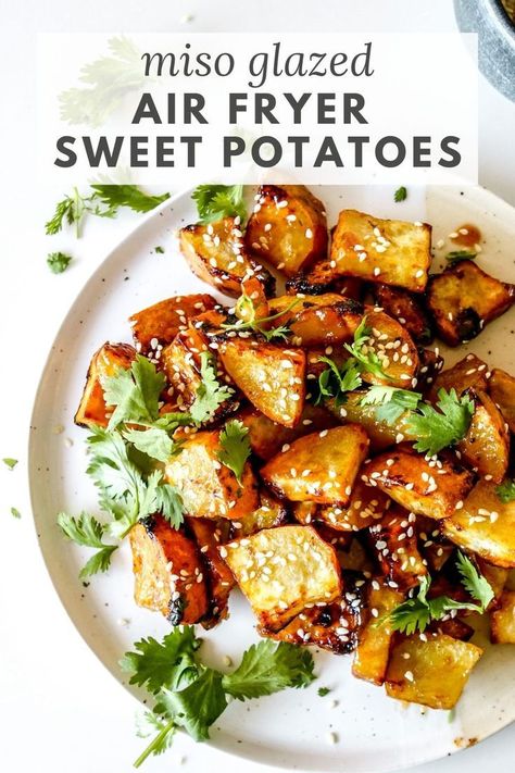 Air fryer sweet potatoes are crisp on the outside and soft in the middle. Glaze with sweet miso, these air fryer potatoes are so delicious! They make a great side dish! Air Fryer Sweet Potatoes, Air Fryer Potatoes, Glazed Sweet Potatoes, Orange Sweet Potatoes, Chickpea Burger, Miso Glaze, Whole Roasted Chicken, Air Fryer Healthy, Sweet Potato Recipes