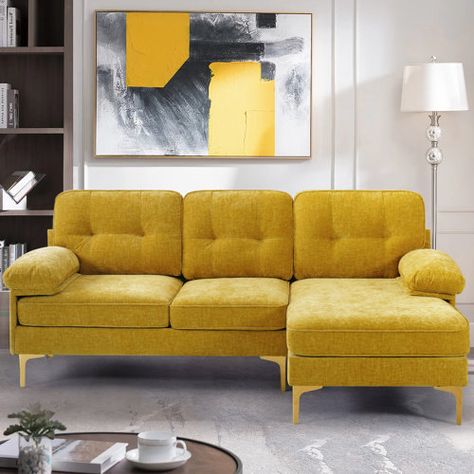 Mercer41 Joseph-Alexander 82.7" Chenille Right Hand Facing Modular Sofa & Chaise with Ottoman | Wayfair Yellow Sectional, Sofa Yellow, Small Sectional Sofa, Velvet Sectional, Yellow Sofa, New Sofa, Fabric Yellow, Minimalist Interior Style, Home Decor Hooks