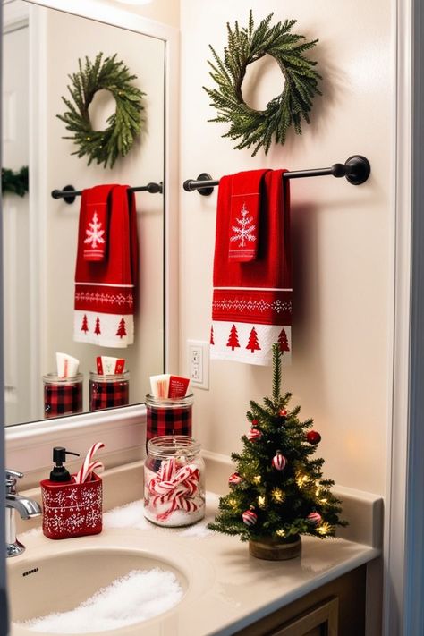 Bathroom Decor Ideas For Christmas, Small Bathroom Christmas Decor Ideas Simple, Bathroom Decor Christmas Ideas, Holiday Bathroom Decor Christmas, Half Bath Christmas Decor, Decorate Bathroom For Christmas, Powder Room Christmas Decor, Restroom Christmas Decor, Decorating Bathroom For Christmas