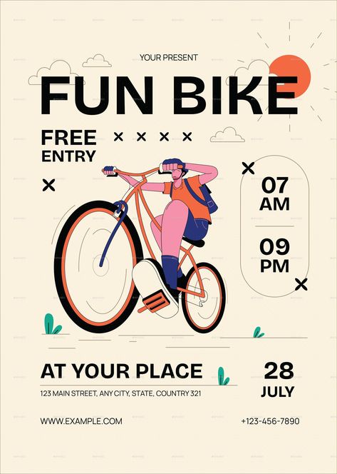 Simple Fun Bike Flyer Bike Event Poster, Bike Graphic Design, Scooter Poster, Simple Poster Design, Sport Flyer, Fun Posters, Bicycle Illustration, Bike Poster, Sport Poster Design