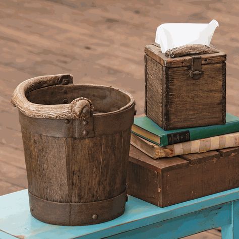 Well Bucket & Old Crate Waste Basket and Tissue Box Bath Towel Racks, Rustic Bath, Old Crates, Waste Baskets, Country Bedding, Black Forest Decor, Antler Chandelier, Rustic Bathroom Decor, Waste Basket