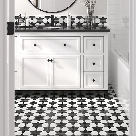 Starfire White And Black Tile, Black And White Tile Floor, Black Tile Bathroom Floor, Black Tile Bathrooms, Black And White Tiles Bathroom, White Tile Floor, Primary Bathroom, Black And White Tiles, Modern Tiles