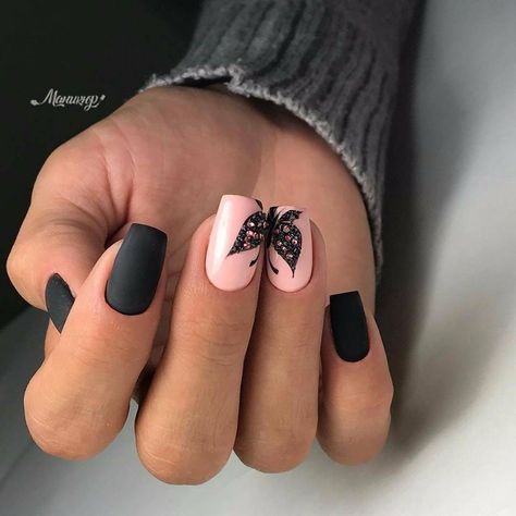 Matte Nail Art, Matte Black Nails, Butterfly Nail Art, Matte Nails Design, Nice Nails, Pink Nail Art, Her Nails, Butterfly Nail, Nail Designs Spring