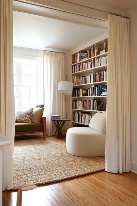 Divide your small home’s open layout with clever room dividers. Use bookcases, curtains, or sliding panels to create separate zones without sacrificing space. 🚪✨📚 #SmallSpaceLiving #RoomDividers #HomeDecor #OpenLayouts Bookcase Room Divider Ideas, Interior Decoration Ideas, Curtain Room Divider, Room Divider Bookcase, Condo Living Room, Wing It, Room Divider Curtain, Separate Living Room, Modern Home Design