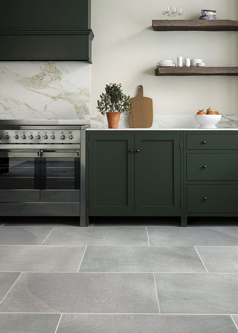 The Brazilian Grey slate tile is a traditional slate option with a natural riven finish, in a grey hue with flowing movement and texture unique to each individual tile. Available in a range of sizes from square and rectangular formats to a traditional large slate flagstone, the Brazilian Grey slate is a classic natural slate tile for homes of all sizes from traditional to contemporary. Also offered in a matching natural slate outdoor paver option. Kitchen Black Floor Tiles, Kitchen Grey Floor Tiles, Slate Tile Floor Kitchen, Grey Floor Kitchen, Slate Kitchen Floor, Kitchen Tile Flooring, Grey Tile Kitchen Floor, Slate Outdoor, Slate Floor Kitchen