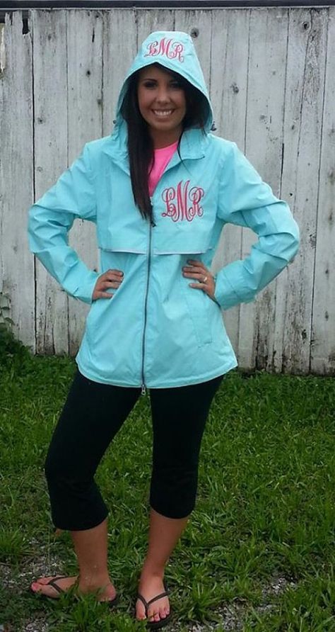 Personalized Monogrammed Womens Rain Jacket Coat by PumpkinPieGirl Monogrammed Rain Jacket, Preppy Mode, Raincoat Outfit, Monogram Ideas, Monogram Outfit, Charles River, Christmas Clothes, Wind Jacket, Coat Outfit