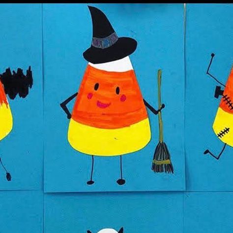 Lauralee Chambers🌀 on Instagram: "Happy #candycorn day! It’s one of my favorite candies! We love watching the YouTube video on how candy corn is made before creating our characters. Our focus is on form. Third grade used tracers for size to speed things along. Ran out of time for shading and highlights. They wanted to bring them home. Everything is too fast! #halloween #candy #artlessons" Candy Corn Art Project, Candy Corn Art Projects For Kids, Halloween Candy Art, Candy Corn Art, Corn Drawing, Elementary School Art, Candy Art, Bring Them Home, Out Of Time