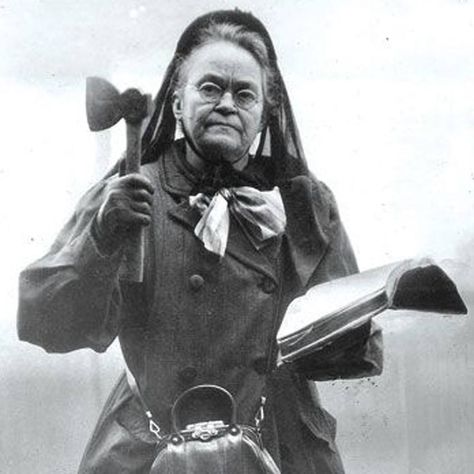 Temperance was a popular movement with women in the late 19th and early 20th century.  Few women were as passionate as Carrie Nation, however. She became famous for walking into saloons and smashing alcohol bottles with a hatchet, all the while singing hymns and prayers. Sometimes she even greeted bartenders with, “Good morning, destroyers of men’s souls” before she got swinging. Amelia Moore, Carrie Nation, Temperance Movement, Normal School, Under The Influence, History Museum, Women In History, Famous People, Carry On