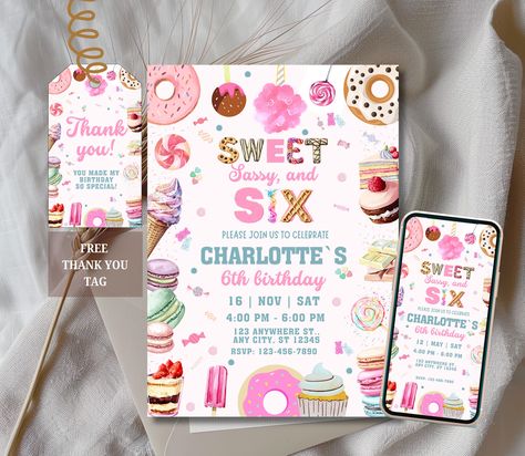 Sweet Sassy and Six Birthday Invitation, Girl Birthday invite, Cotton Candy, Sweets, Donut, Ice cream, Canva, Candy Invitation, Turning Six Sassy And Six Birthday, Sweet Sassy And Seven Birthday, Sweet Sassy And Six Birthday, Candy Invitations, Donut Ice Cream, Party Treats, Birthday Celebrations, Invitation Sizes, Sweet Candy