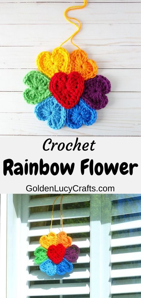 Crochet Rainbow Flower for window – free pattern. Rainbow flower home decoration, flower made from hearts, window hanging, wall hanging, rainbow decor Appliqué Work, Crochet Appliqué, Crochet Feather, Scrap Yarn Crochet, Owl Crochet, Hanging Craft Ideas, Crochet Appliques, Crochet Rainbow, Heart Crochet