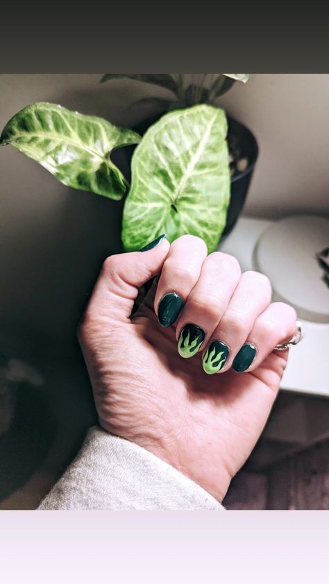 Forest Green nails with neon flames Green Flame Nails, Neon Flames, Forest Green Nails, Flame Nails, Short Nails Art, Green Nails, Nails Art, Short Nails, Ants