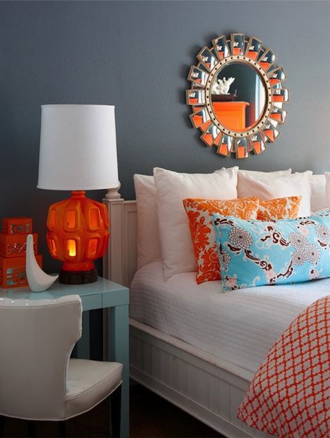 Orange and turquoise. Always a favourite! I love how the mirror reflects the bright colors. By K Mathiesen Brown Design. Chandelier Coastal, Coastal Sofa, Coastal Palette, Coastal Plants, Coastal Apartment, Kitchen Coastal, Coastal Industrial, Coastal Flooring, Coastal Lamp