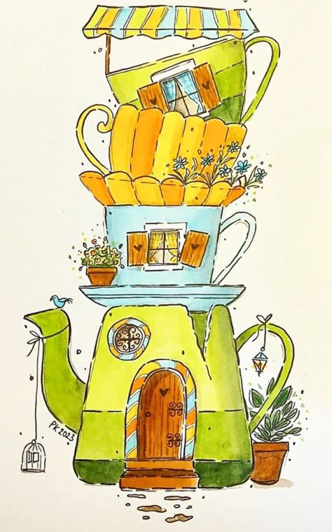 Teacup House Drawing, Kawaii House Drawing, Tea Pot Drawing, Cute House Drawing, Slide Drawing, Teapot Drawing, Fairy Garden Drawing, Teapot Art, Typography Drawing