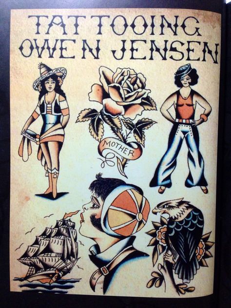 Owen Jensen. Tattoo flash from the 50's. Owen Jensen Tattoo Flash, Owen Jensen Flash, Owen Jensen, Antique Tattoo, Vintage Tattoo Art, Traditional Tattoo Old School, Pin Up Girl Tattoo, Vintage Tattoo Design, Traditional Flash