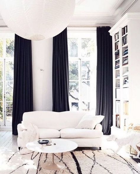 Blissful Living: Simplify your life in 2018 | The Decorista | Bloglovin’ Room With Black Curtains, Black Curtains Living Room, Rooms Curtains, Scandinavian Interior Bedroom, Black And White Living Room Decor, Curtains Design, Curtains Diy, Neutral Curtains, Black Living Room Decor