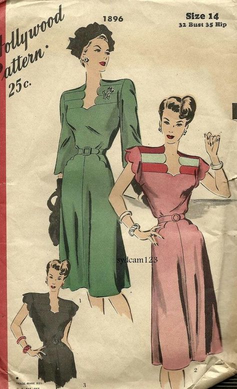 1940's Fashion, Fashion 1940s, Vintage Dress Patterns, Dress Making Patterns, 40s Fashion, 1940s Dresses, Vestidos Vintage, 1940s Fashion, Skirt Skirt