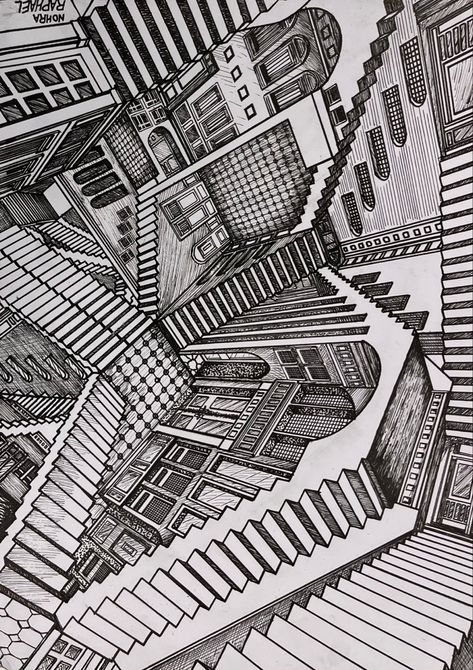 Complex complicated perspective with depth drawing fine lines rotting pen ink black and white architectural concept Architecture Title Page, Art Perspective, Perspective Sketch, Chalet Interior, Architecture Sketchbook, Perspective Art, Perspective Drawing, Pen Sketch, Title Page