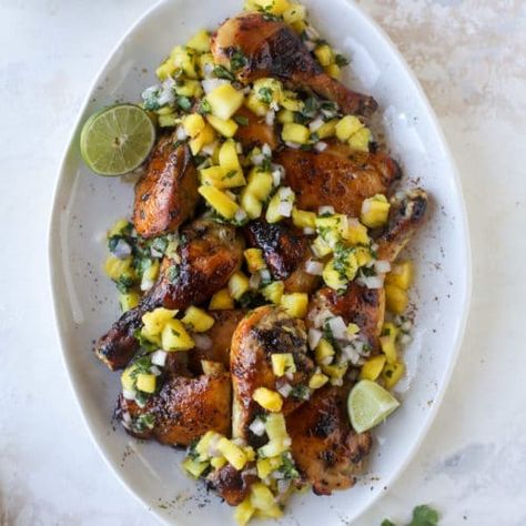 Sticky Chicken Recipe - Sticky Sheet Pan Chicken with Pineapple Sala Chicken With Pineapple Salsa, Sticky Chicken Recipe, Chicken With Pineapple, Fun Meals, Sheet Pan Meals Chicken, Sheet Pan Dinners Chicken, Sheet Pan Chicken, Sticky Chicken, Sheet Pans