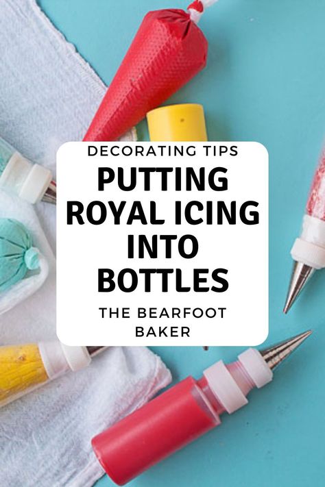 Learn how to get royal icing into bottles for better control for details when decorating sugar cookies in this tutorial on the blog today! #cookiedecoratingtutorial #cookiedecoratingtips #thebearfootbaker Royal Icing For Beginners Piping Techniques, How To Decorate With Royal Icing Video, Royal Icing Cookie Tutorial, Decorative Cookie Icing, Royal Icing Tools Decorating Supplies, Royal Icing Videos Tutorials, The Best Royal Icing For Sugar Cookies, Royal Icing Tools, Royal Icing Piping Techniques