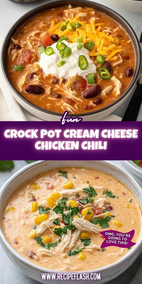 Looking for a warm, comforting meal that’s effortless to make? This Easy Crock Pot Cream Cheese Chicken Chili Recipe is your answer! Savory flavors combine for a deliciously creamy dish that will satisfy your cravings. Save this recipe for your next cozy night in filled with hearty chili goodness! Crock Pot Chicken Chili, Creamy Crockpot Chicken, Cream Cheese Chicken Chili, Chicken Chili Crockpot, Hearty Chili, Crockpot Chili, Crock Pot Chicken, Cheese Chicken, Chicken Chili Recipe