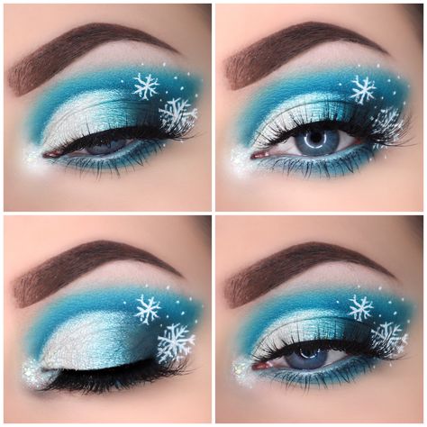 Blue Christmas Eyeshadow Looks, Blue Christmas Eye Makeup, Blue Holiday Makeup, Blue Christmas Makeup Looks, Christmas Makeup Looks Winter, Winter Themed Makeup, Olaf Makeup, Snowflake Eye Makeup, Easy Christmas Eyeshadow Looks