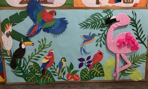 Rainy Season Bulletin Board Ideas, Bird Bulletin Board Ideas, Parrot Backdrop Decoration, Rainforest Door Decoration, Parrot Bulletin Board Ideas, Coconut Tree Bulletin Board, Bird Theme Bulletin Board, Bird Bulletin Boards, Diy Crafts For School