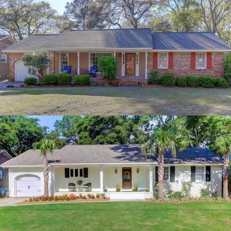 Half Brick Ranch Exterior, Traditional Ranch Exterior Makeover, Ranch Style Brick Homes, Ranch Curb Appeal Before And After, Painted Brick Ranch Exterior, 1970s Ranch House Remodel Interior, Ranch Renovation Before After, White Brick Ranch House Exterior, White Brick Ranch