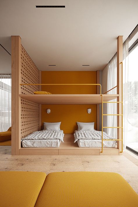 Moonshadow on Behance Architecture Content, Dormitory Room, Hostels Design, Hostel Room, Bunk Rooms, Built In Bunks, Bunk Bed Designs, Content Design, Kids Interior