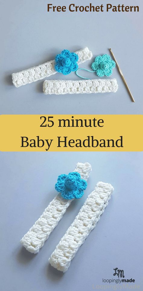 25 minute crochet headband Crochet Baby Headband Free Pattern, Crochet Baby Headbands, Crochet Baby Headband, Crochet Headband Free, Crochet Headband Pattern Free, Fast Crochet, Baby Headbands Crochet, Crochet Headband Pattern, Crochet Baby Girl