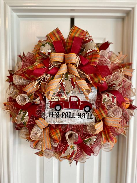 It's Fall Ya'll Wreath in orange neutral & burgundy for front door, Fall Wreath with red truck and pumpkins metal sign, Autumn Porch Decor by birdiedsboutique1 on Etsy Autumn Porch Decor, Autumn Porch, Red Truck Decor, Fall Decorations Porch, Red And Orange, Fall Porch, Red Truck, Deco Mesh Wreaths, Porch Decor