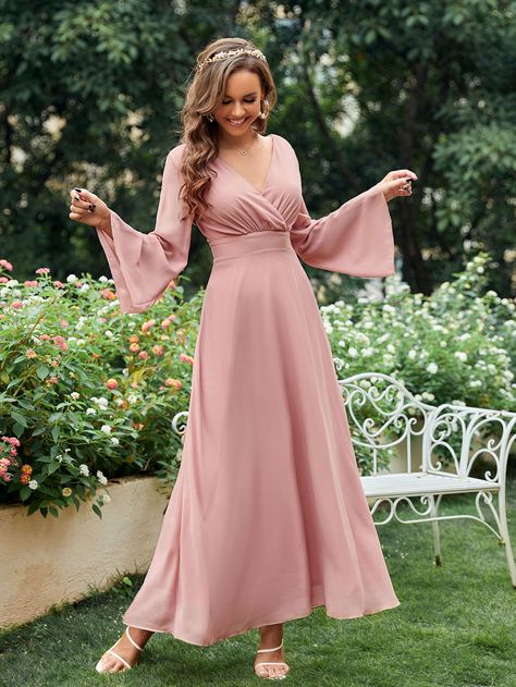 Dusty Pink Glamorous  Long Sleeve Chiffon Plain A Line Embellished Non-Stretch All Weddings & Events Dusty Rose Bridesmaid Dresses Long, Pink Brides Maid Dresses, Sophisticated Plus Size, Pink Bridesmaid Dresses Long, Plus Size Evening Dress, Dusty Pink Bridesmaid Dresses, Pastel Pink Dress, Blush Pink Bridesmaid Dresses, Maxi Bridesmaid Dress