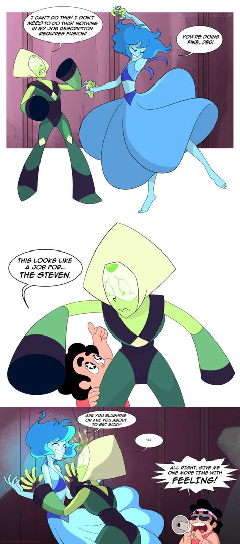 I wonder how peridot fuse? What's her dance? Something technical robot style? Lapidot Comic, Steven Universe Peridot, Steven Universe Lapidot, Steven Universe Ships, Lapis And Peridot, Universe Images, Steven Universe Au, Steven Universe Memes, Steven Universe Funny