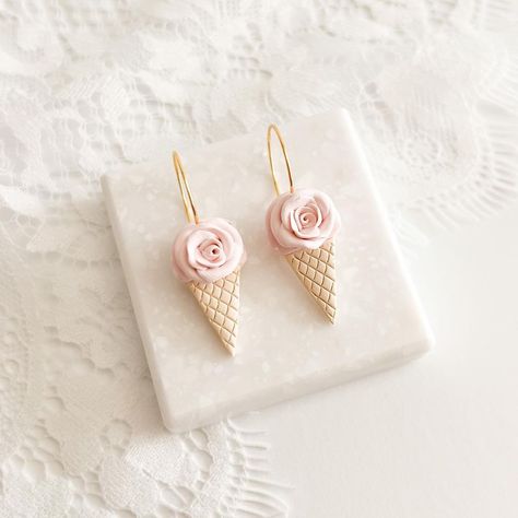 Polymer Clay Projects Diy, Rose Earring, Etsy Shop Branding, Polymer Clay Flower Jewelry, Diy Earrings Polymer Clay, Cream Earrings, Waffle Cone, Polymer Clay Jewelry Tutorials, Light Pink Rose