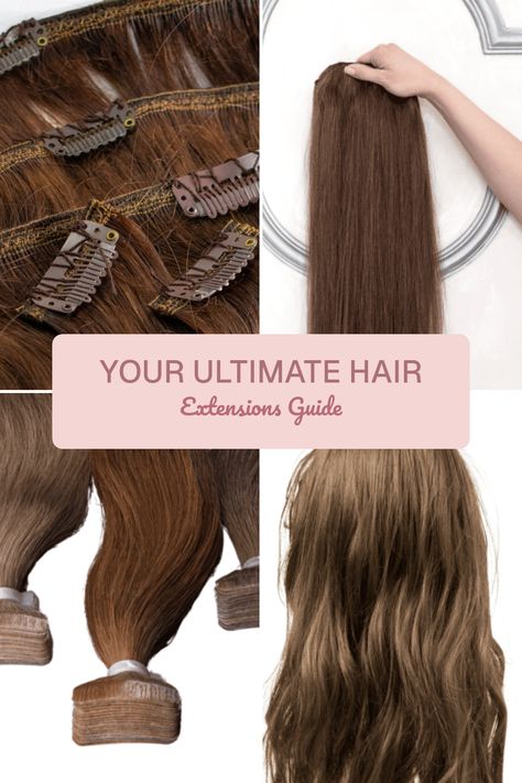 This Pinterest pin showcases a vibrant hair extensions guide with key tips and insights for choosing and maintaining the right hair extensions, featuring 4 informative images to ignite your style transformation. How To Curl Hair With Extensions, Hairstyles With Clip In Extensions, Hairstyles With Extensions, Hair Extension Tips And Tricks, Extension Hairstyles, Sew In Extensions, Grow Your Hair Faster, Beaded Hair Extensions, Halo Extensions