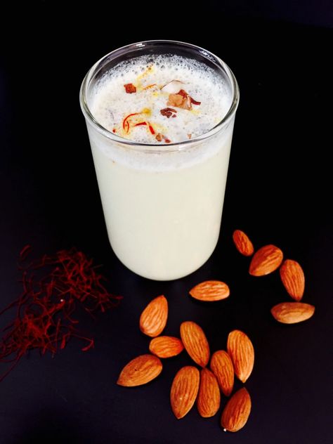 Badam milk Flavored Milk Recipes, Badam Milk, Indian Drinks, Soaked Almonds, Yummy Bites, Fruit Cream, Healthy Drink, Flavored Milk, Winter Drinks