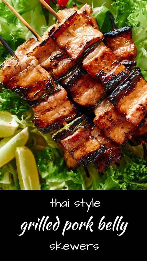 Make these Thai inspired pork belly skewers for your next dinner party! Pork Belly Kabobs, Thai Grilled Pork, Pork Belly Dinner Recipes, Pork Belly Skewers Recipe, Thai Pork Belly, Pork Belly Marinade Recipe, Thai Pork Belly Recipes, Grilled Pork Belly Recipes, Porkbelly Dinner Ideas