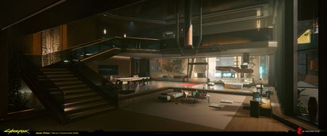 ArtStation - Cyberpunk 2077 - V's Penthouse, Javier Pintor Cyberpunk House Interior, Cyberpunk Office, Cyberpunk Interior Design, Futuristic Mansion, Cyberpunk House, Cyberpunk Apartment, Cyberpunk Interior, Japan Town, Futuristic Anime